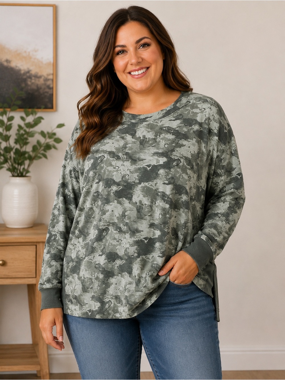 Wonderly Studio Camo Print Long Sleeve Top – XL